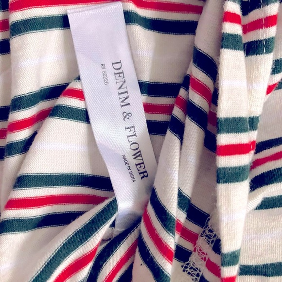 Denim&Flower Men Crew Neck Short Sleeve Stripe T-shirt, Beige and Green and Red - Picture 6 of 6